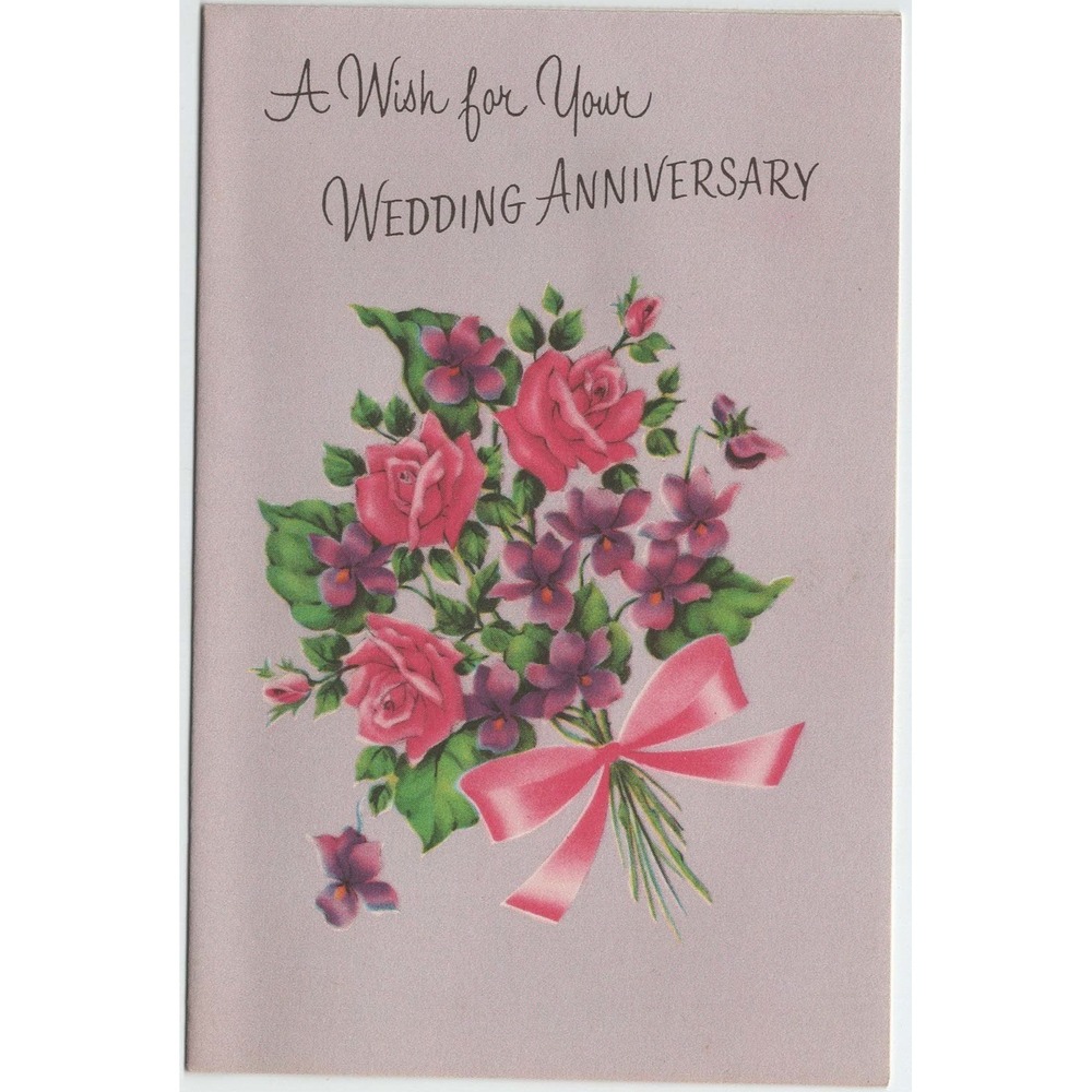 Vintage Norcross Wedding Anniversary Card Pink Roses Violets Used